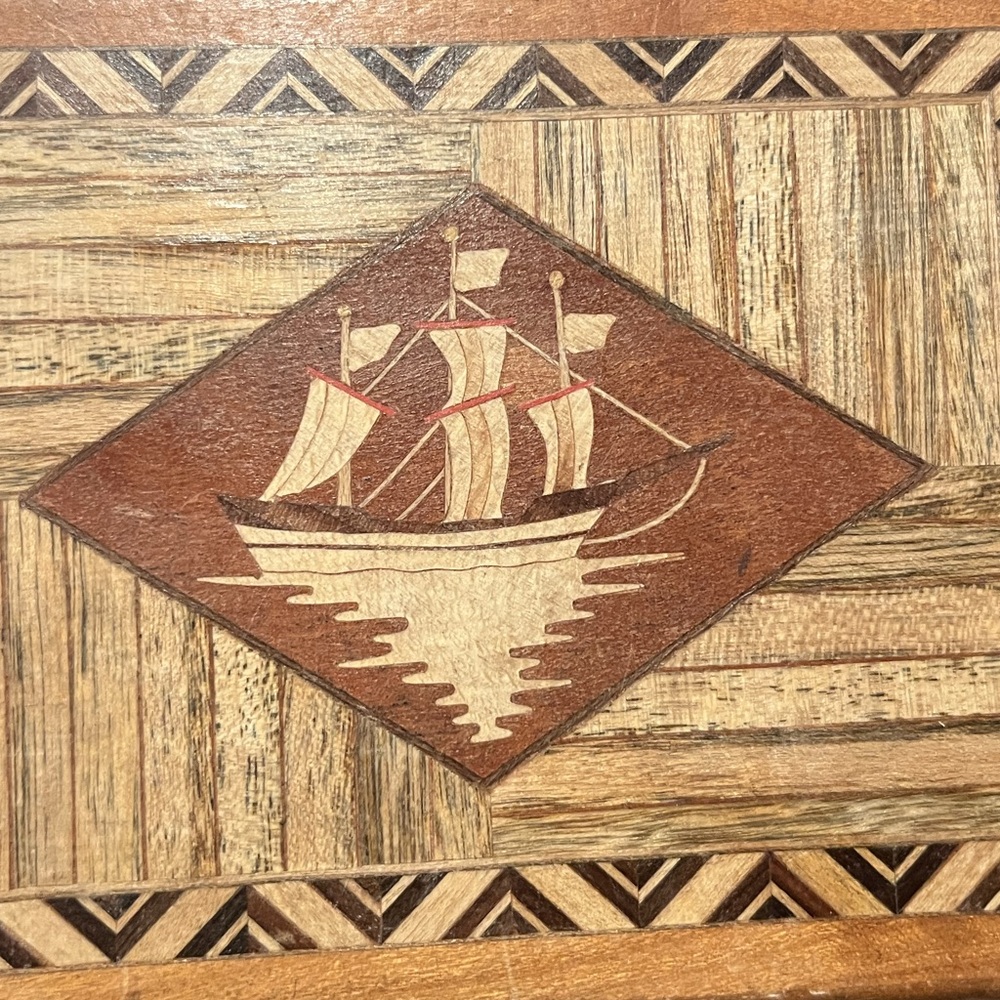 Intricate Marquetry/Parquetry Wood Inlay Cigarette Box with Sailing Ship Motif.